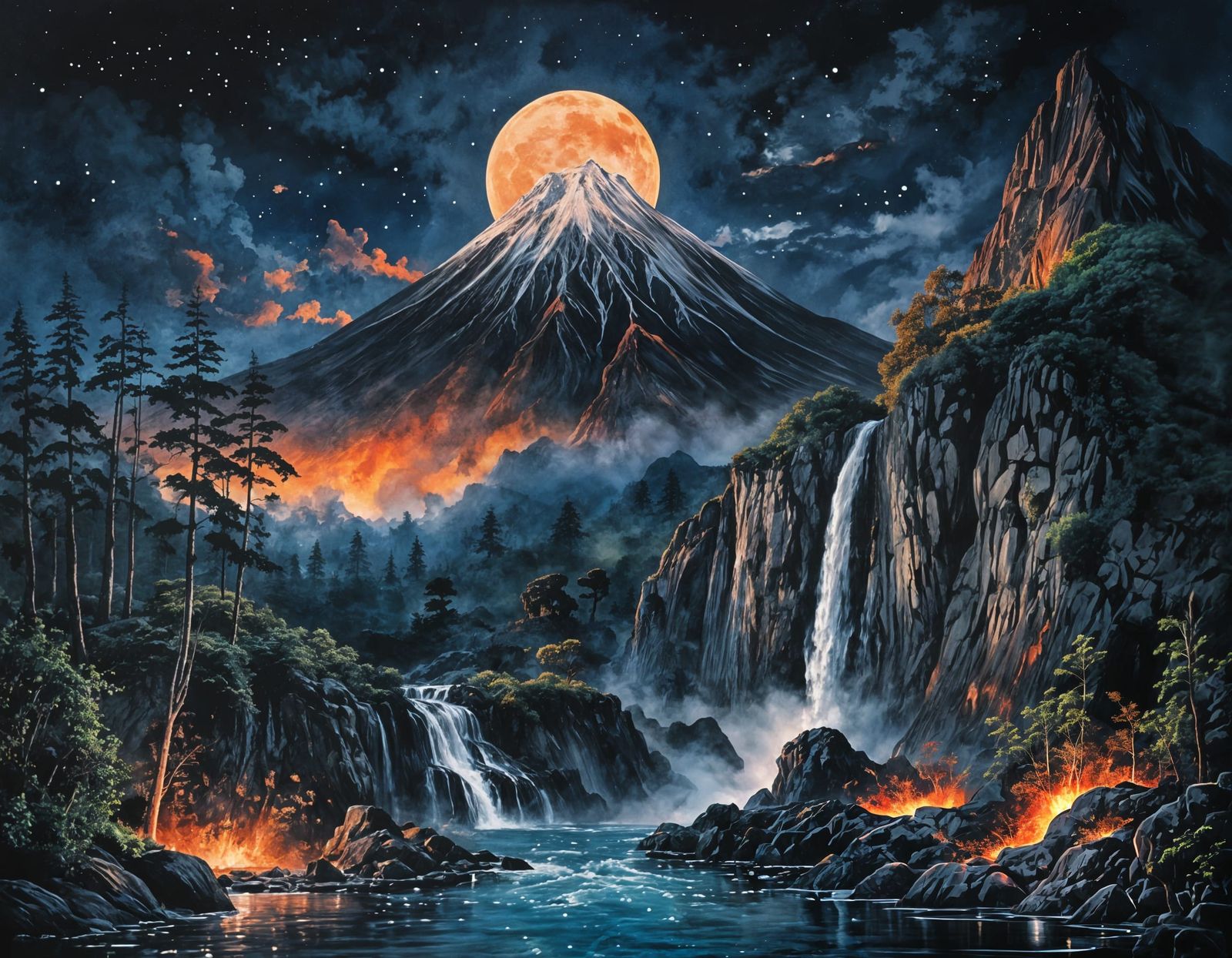 Volcano (Inky) A glorious moonrise over a tall mountain waterfall  by @Varus