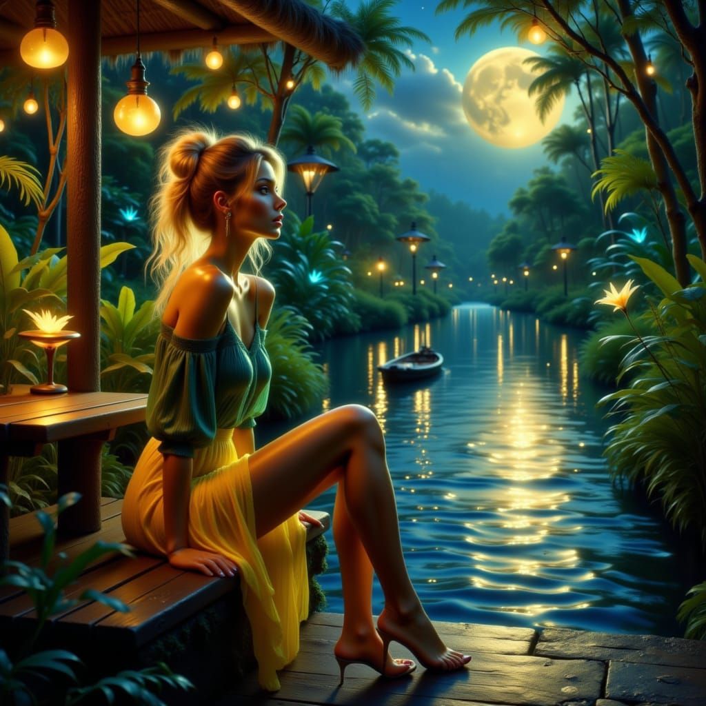 <lora:portraits  lights:1.0> Stunning woman, wavy blond red hair, messy bun, short skirt, blouse, green, yellow,, blue, colors, high heels, ...