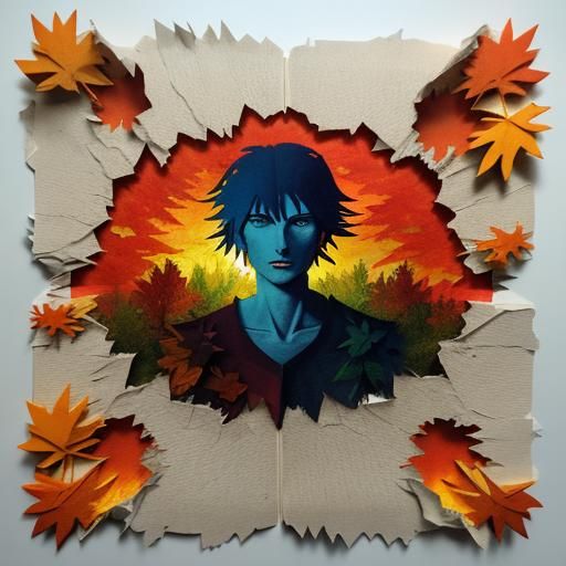 torn paper collage art, 3D - impression of autumn rage, red,...