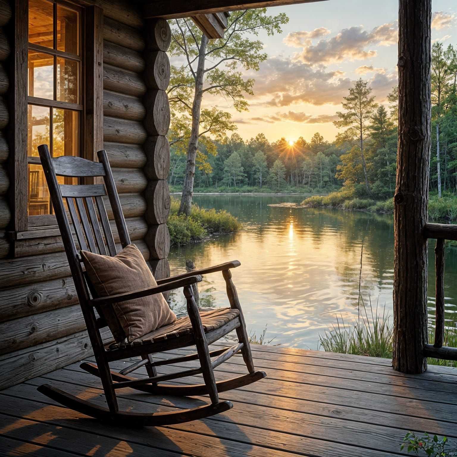 Empty rocking chair sitting on the porch of a log cabin overlooking a small lagoon, soft moody lighting. ...  by @Keri