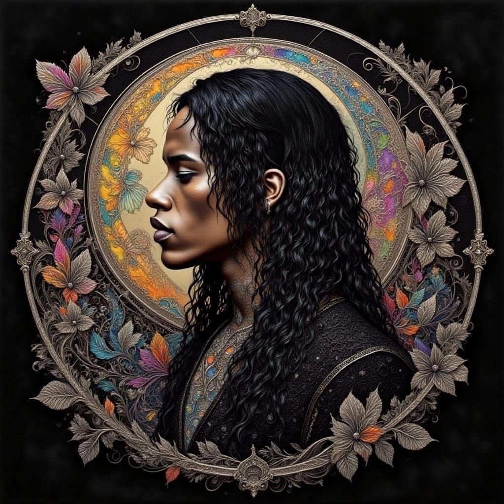 <lora:Dreamy Intensity:1.0> <lora:Cloisonne:1.0> <lora:Zentangle:1.0> <lora:Geometric Intensity:1.0> Goth punk black haired African man head...