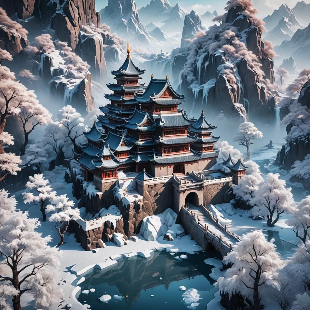 a chinese castle in a wonderful ice land with some trees bes...