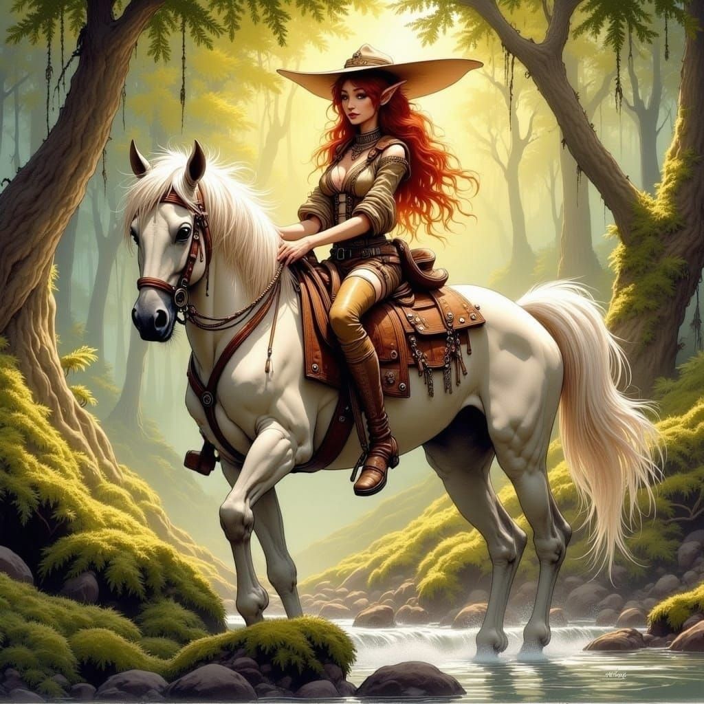 <lora:Alfa Caeli:1.0>Medium close-up, beautiful, female forest elf, pointy ears, crimson locks, dons cowboy hat, astride white steed beside...