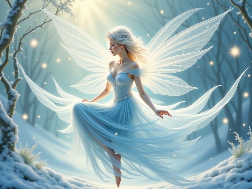 Albino Fairy on Snowflake in Art Nouveau Style