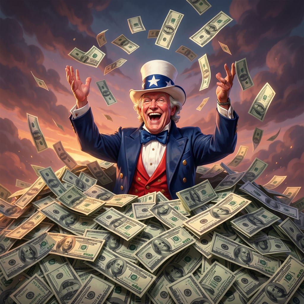 Smiling Uncle Sam is in his costume. He is so rich he is half-buried in dollars and he is throwing dollars in the air
