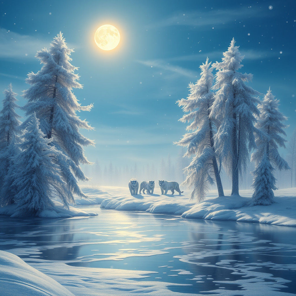 Beautiful blue sky full moon with tall trees and a lake it’s...