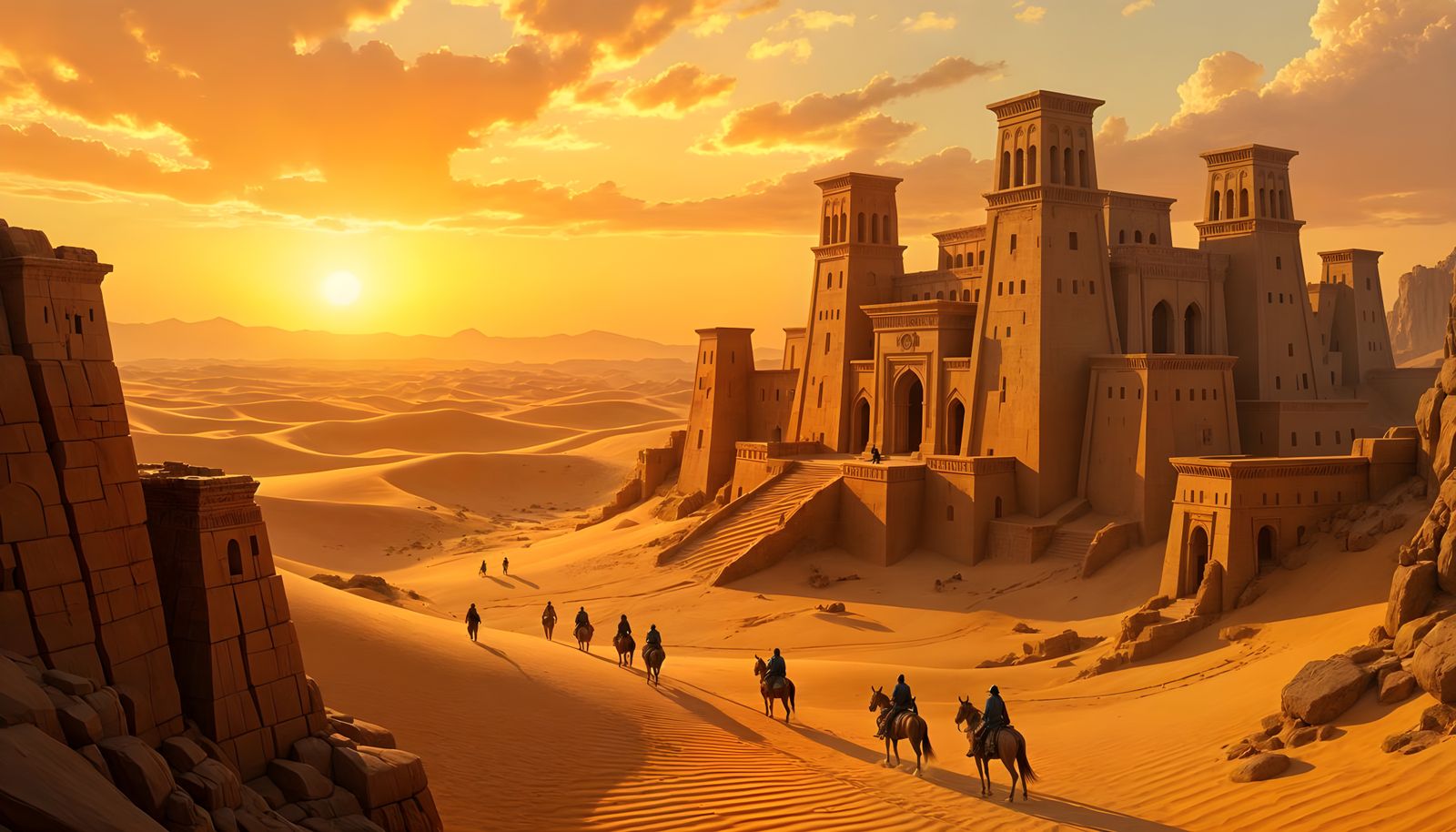 An ancient desert city, its sandstone towers and intricate plazas dramatically revealed by the shifting ...  by @Londo Mollari