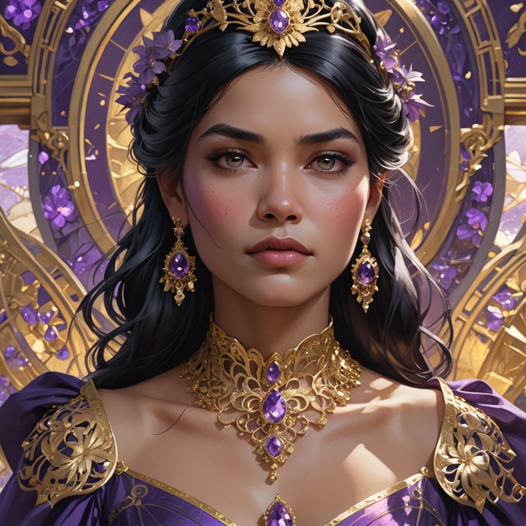 Queen in Purple Dress with Amethyst Jewelry, Art Nouveau