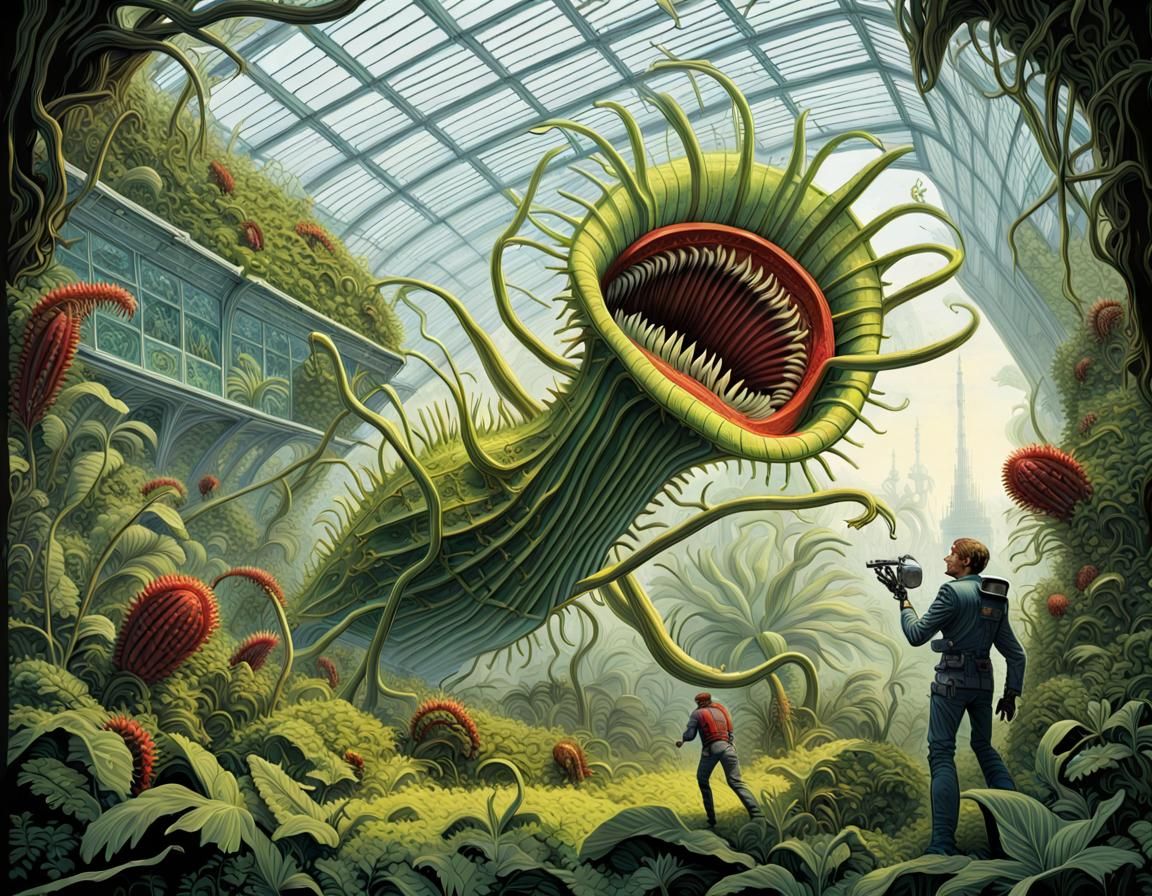 insanely detailed artwork of a giant Venus flytrap attacking...