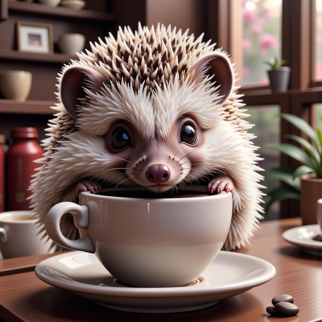 <lora:Coffee Mania Fx:1.0>, hedgehog peeking out of a ☕️, in style of Sangyeob Park, Yanjun Cheng and Susan Luo, japanese artstyle, kawaii,...