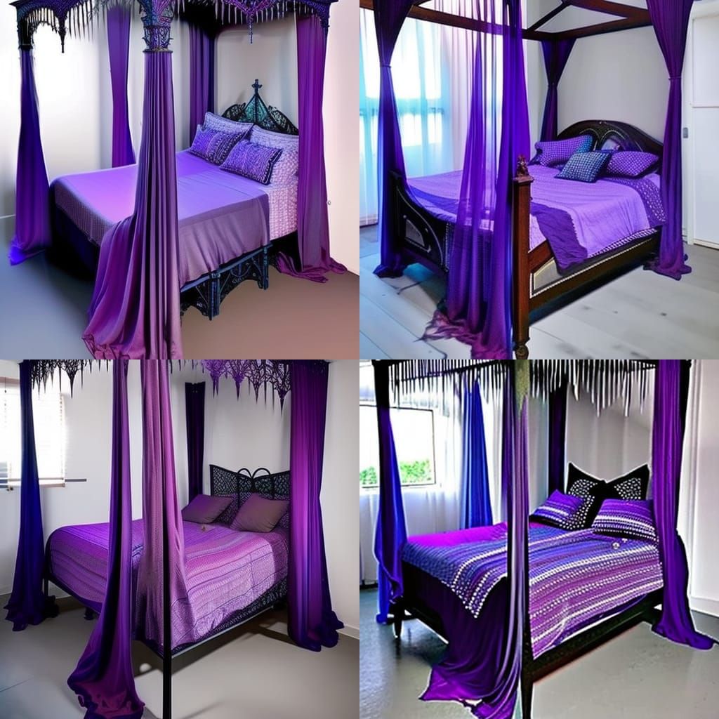 Ethereal purple gothic canopy bed with purple blanket& cobalt blue