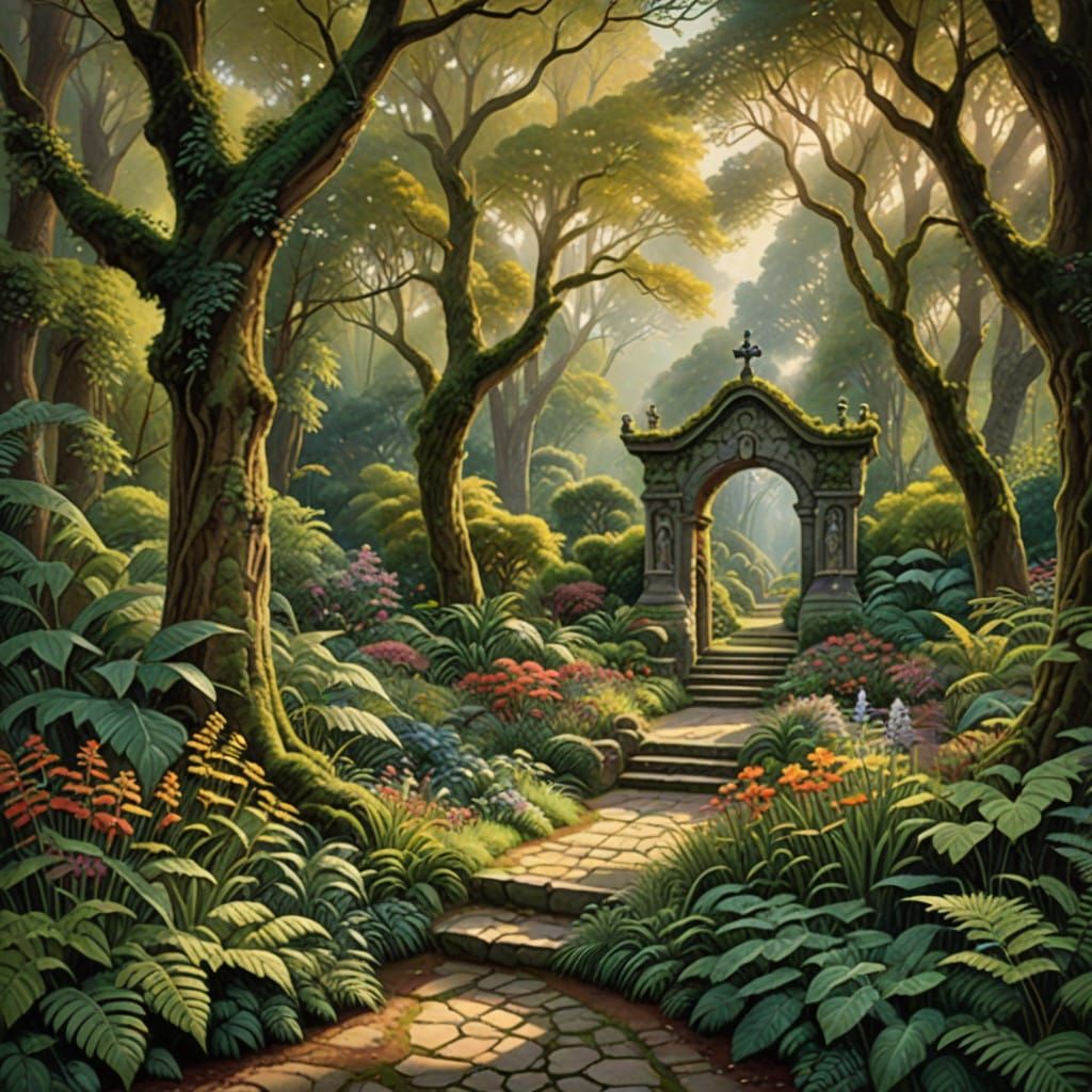 A lush, overgrown secret garden.  by @Ethan Ikediashi