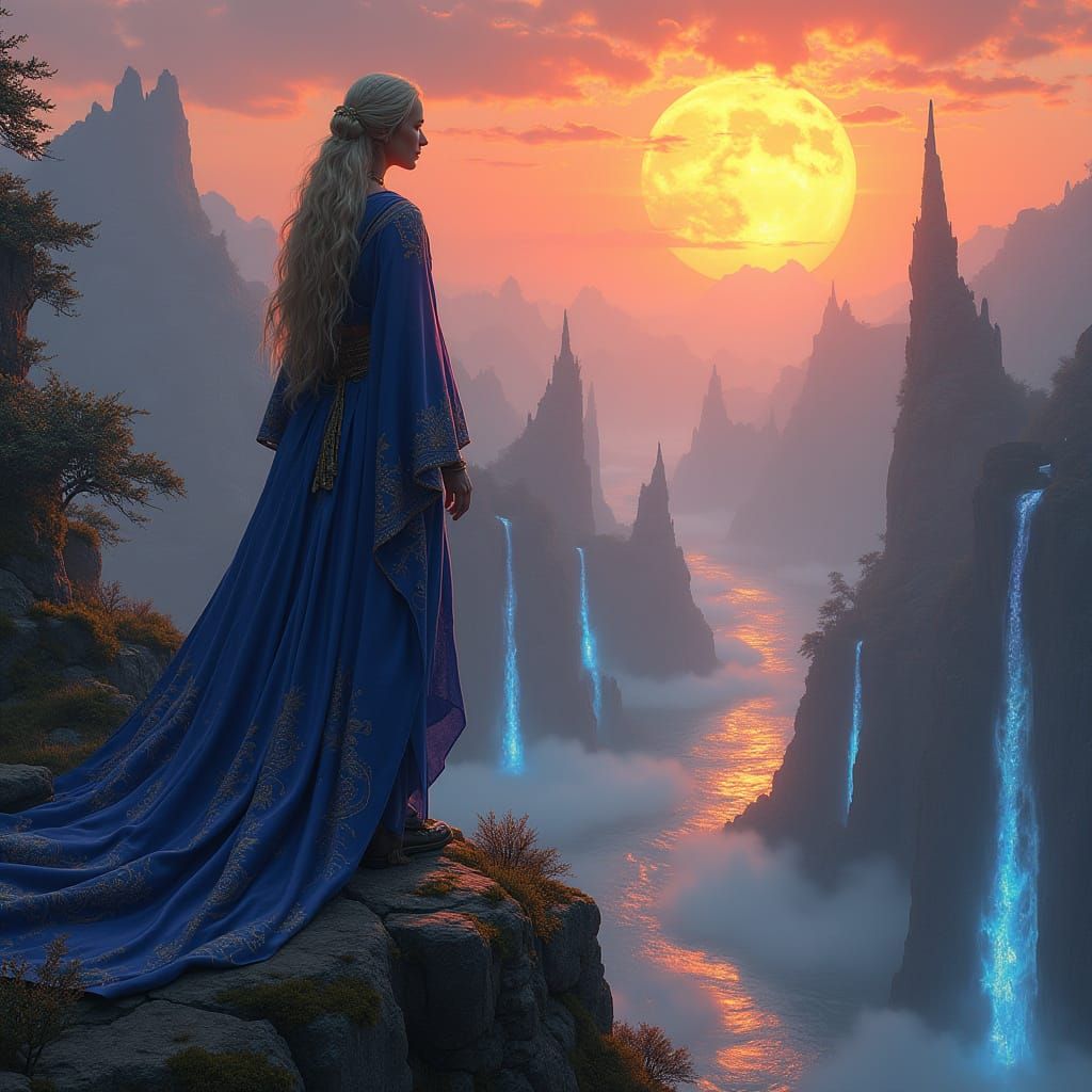 Ancient Warrior-Priestess Stands atop Windswept Cliff in Dre...