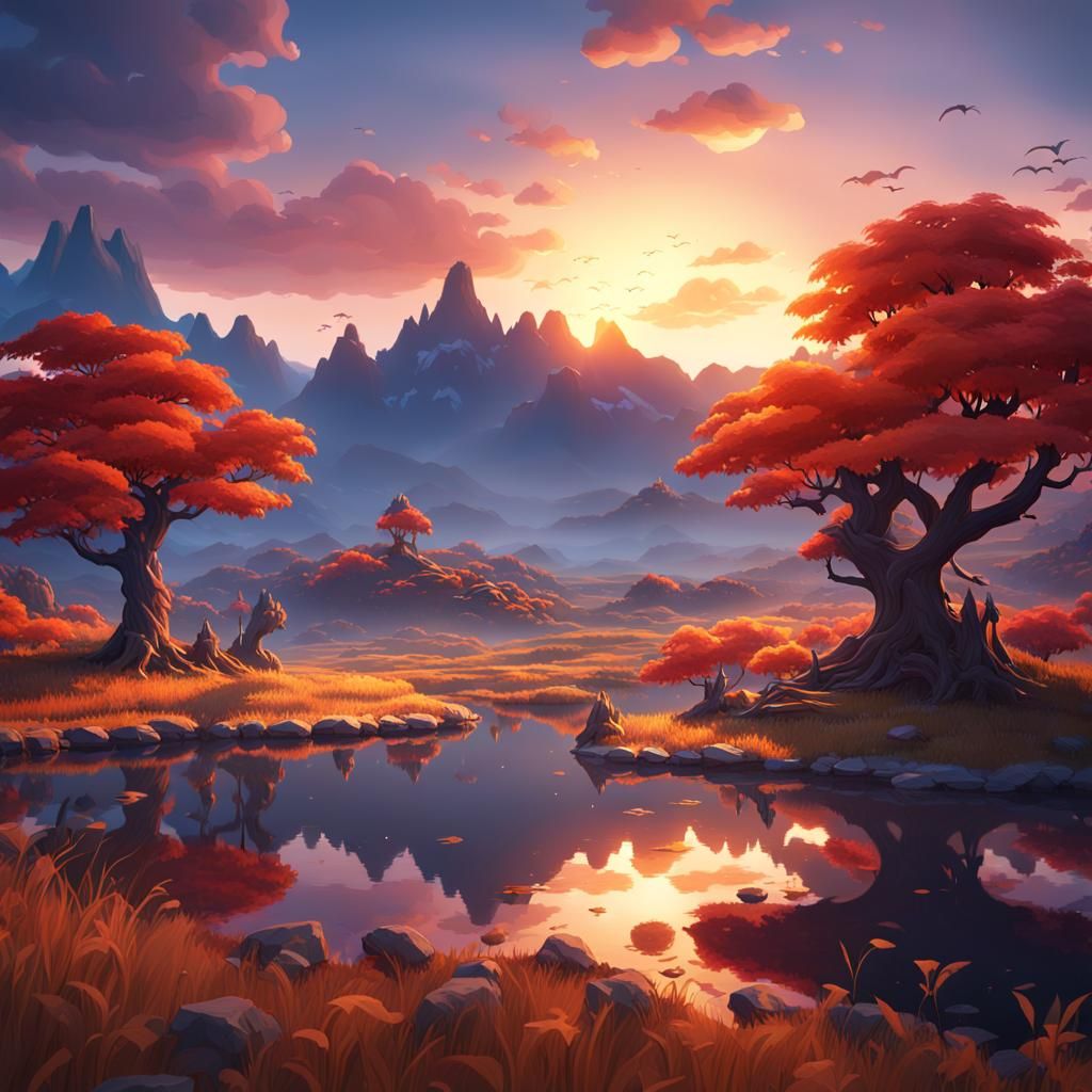 A beautiful Genshin style landscape with a sunset