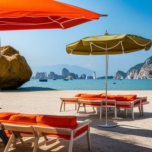 Tema: Buongiorno Estate. Seduto al chiosco in riva al mare, ...