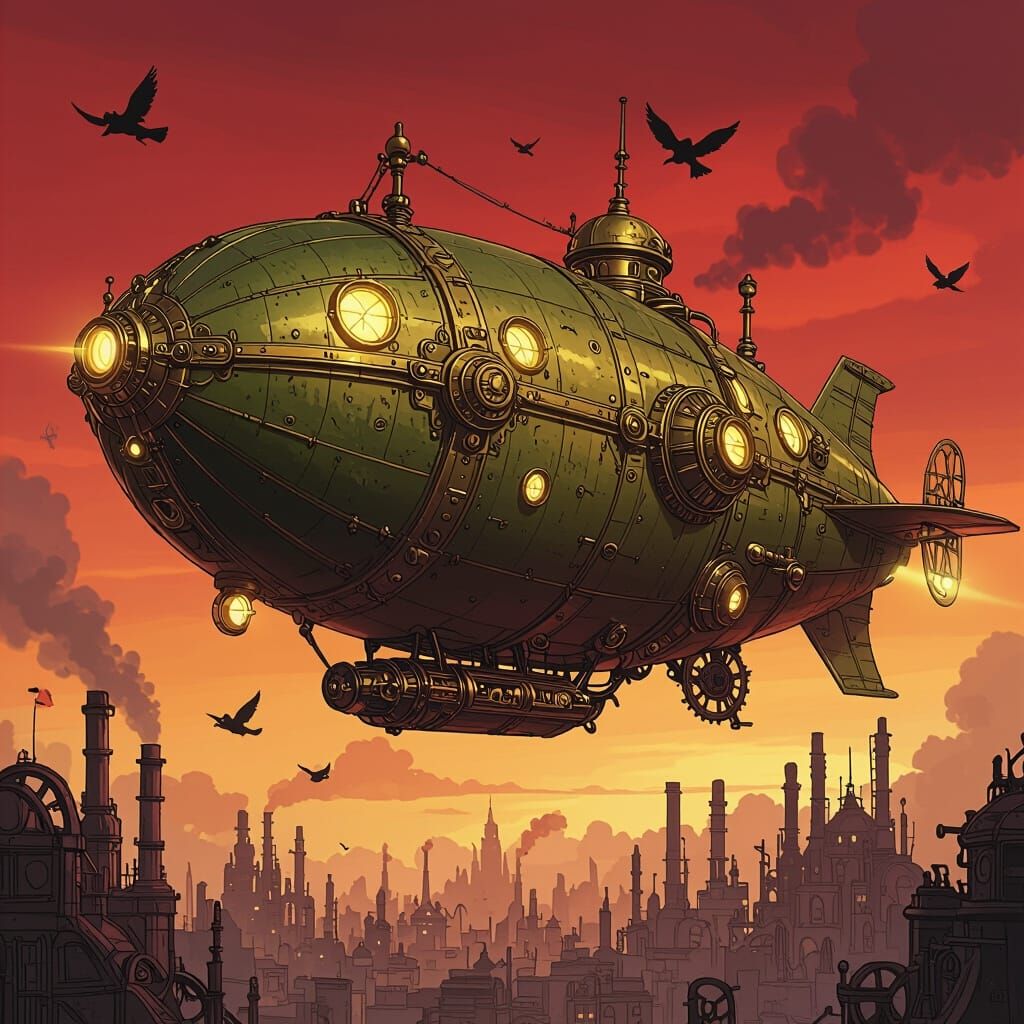 Olive Steampunk Airship Soaring Through Crimson Skies