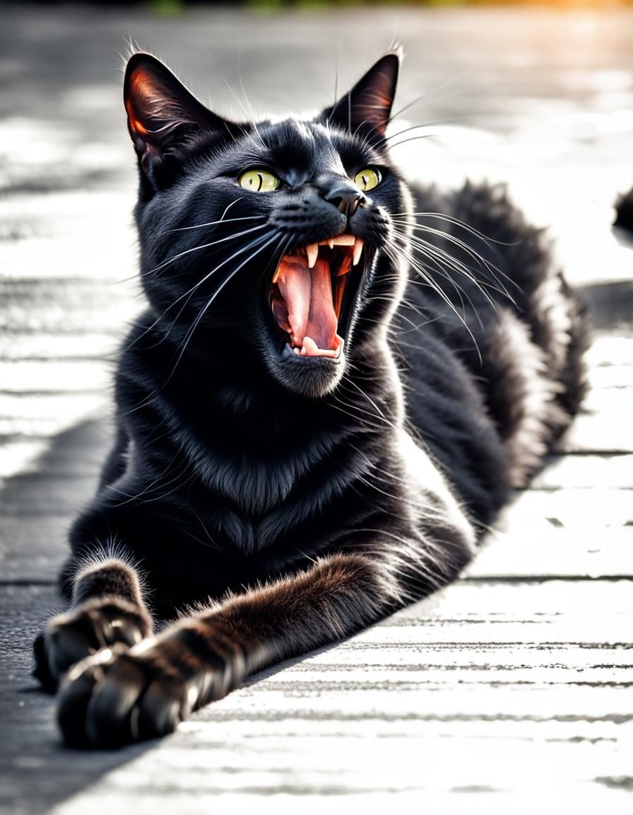 A black cat is yawning meows.  intricate details, HDR, beautifully shot, hyperrealistic, sharp focus, 64 megapixels, perfect composition, hi...