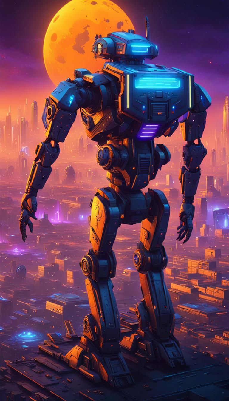 Cyberpunk Robot Amidst Ruins and Spaceship