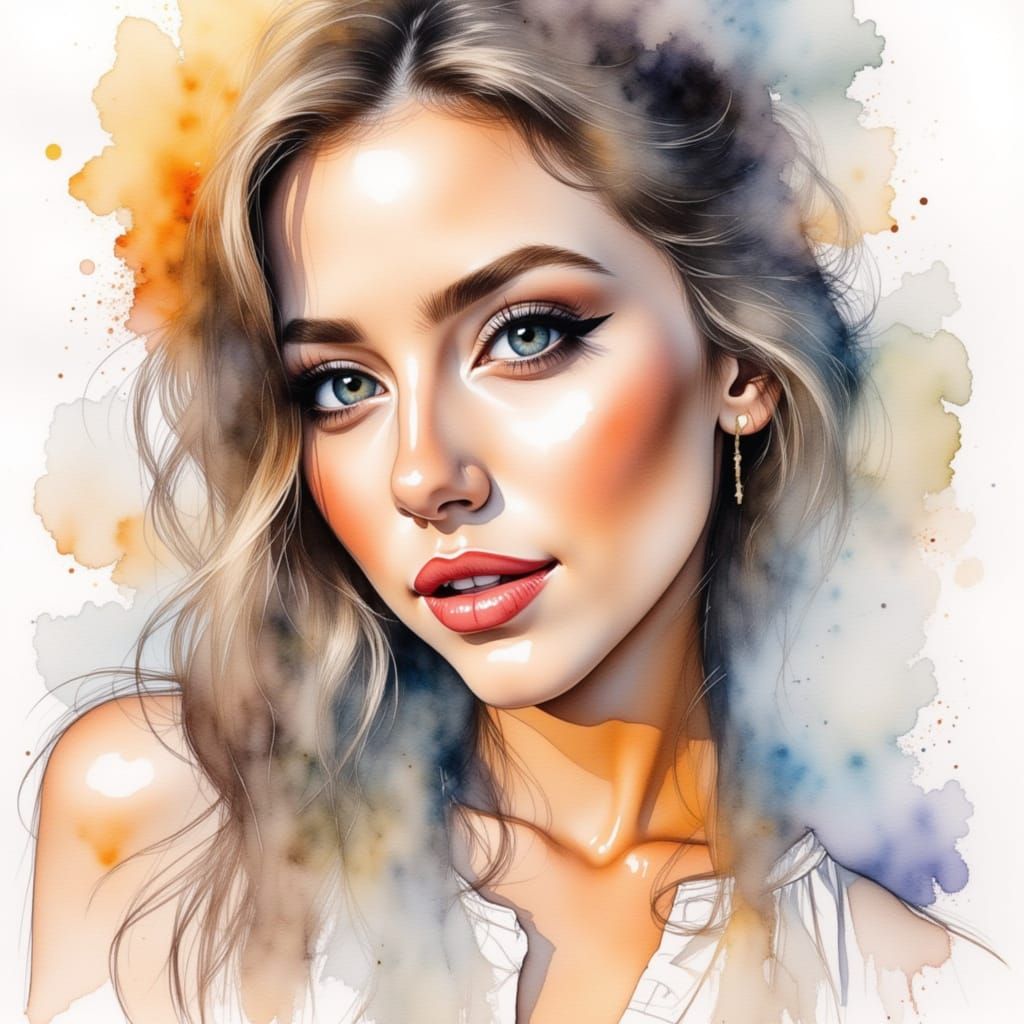 watercolor painting in the style of sketch, portrait of a stunning woman, abstract backdrop, beautiful, distinctive varied brushstrokes <lor...