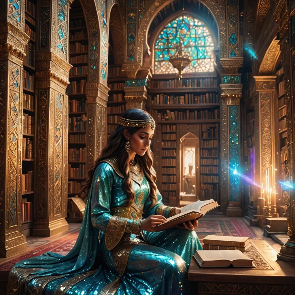 Arabian warrior princess reading a book in the ancient library inside the palace, intricately hyperdetailed ...  by @PJs AiArt