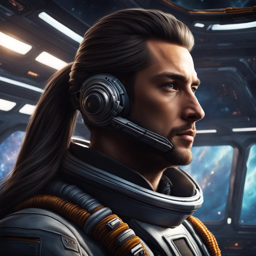 male Spaceship captain with pony tail long hair portrait loo...