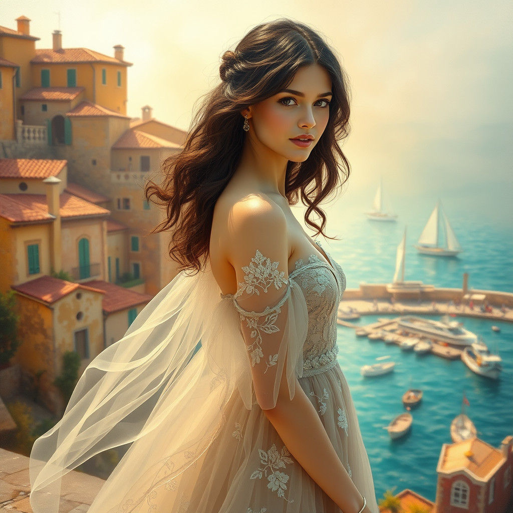 A young woman with porcelain skin and raven hair, dressed in a flowing, diaphanous gown with intricate lace details, stands poised against...