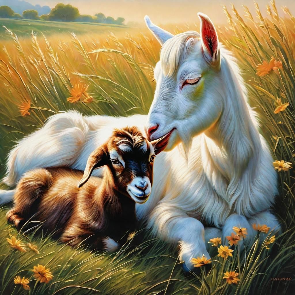 a painting of (a baby goat) and (a young horse) sleeping together in a ...