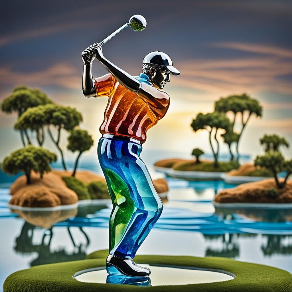 ""Superbe crystal glass golfer pitching figurine art, fond d...