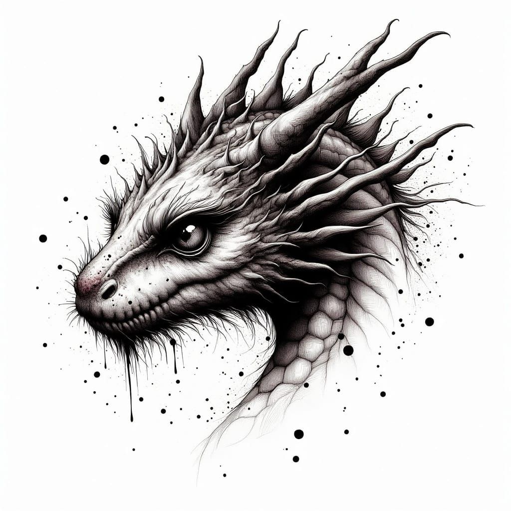 <lora:HRH-moody-inks:1.0>  hyper detailed, ink and watercolour, a moody, beautiful baby dragon, high definition, 4k, outline in ink, ink spl...
