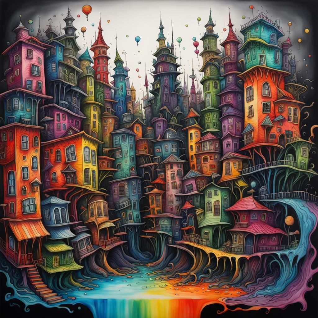 Distorted Melting Cityscape in Tim Burton Style