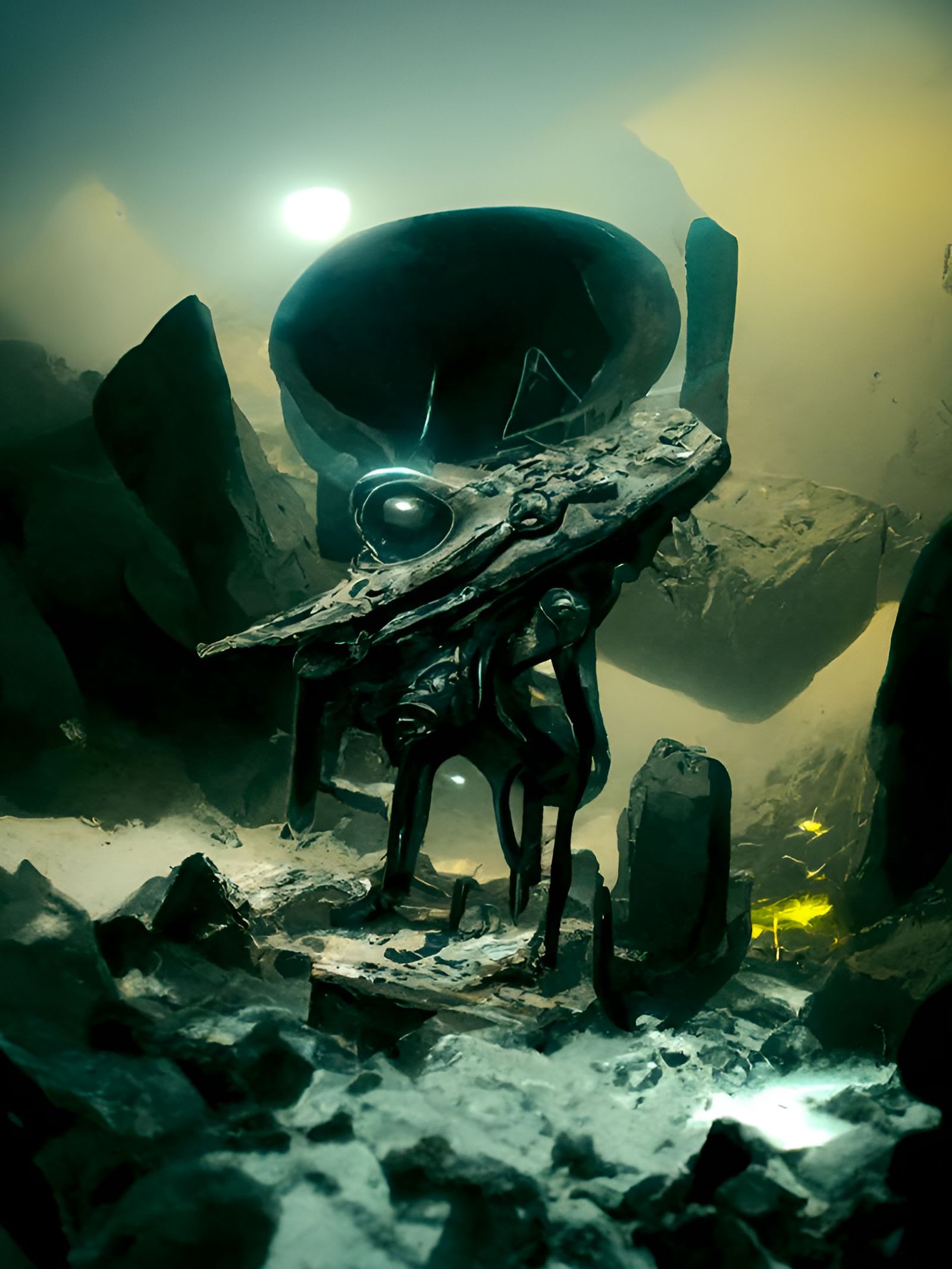 An ancient alien artifact found deep within an old coal mine, trending on Artstation, chillwave