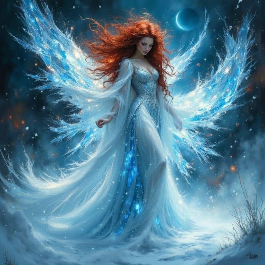 Ice Fairy With Arctic Fox In Storm