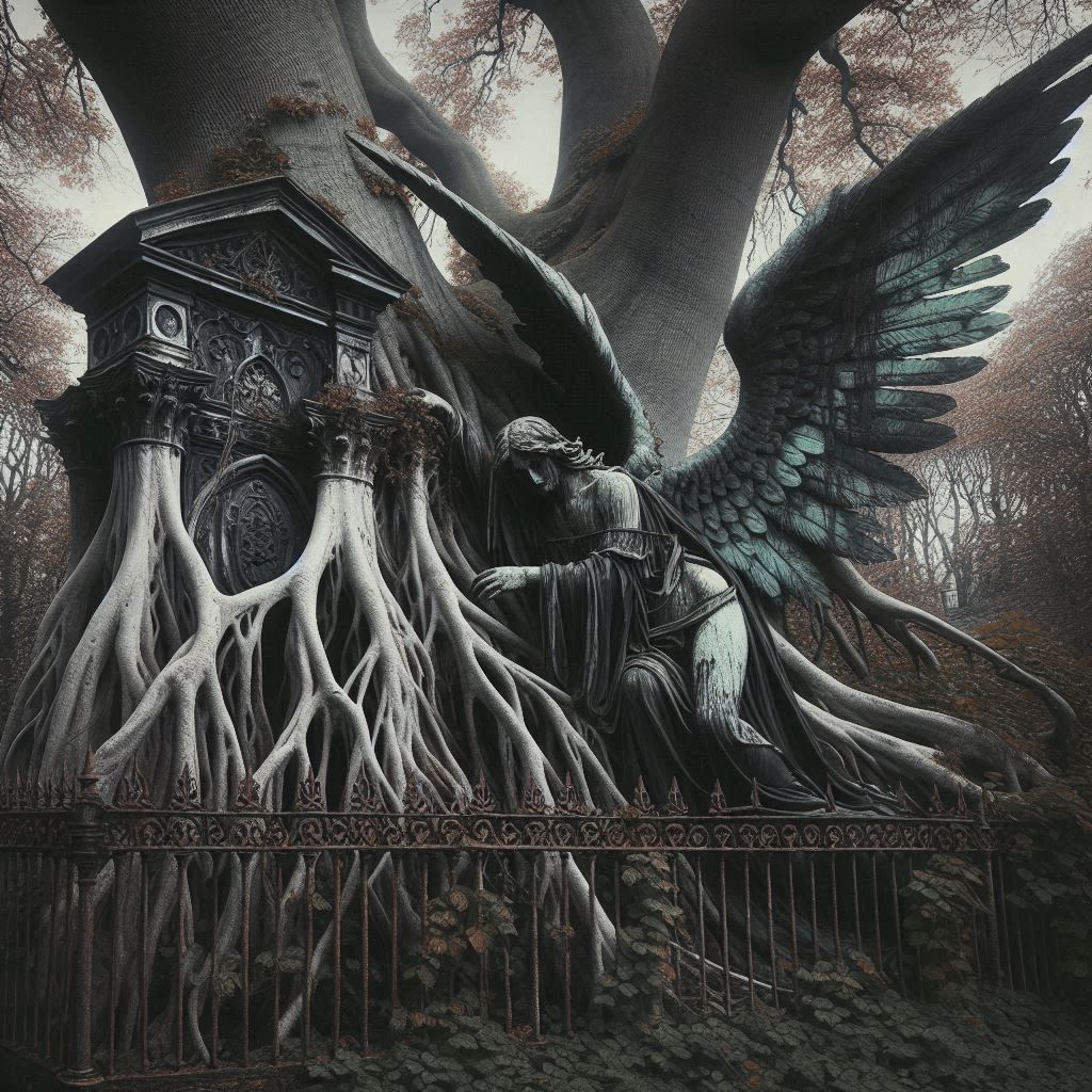 Dark Gothic Ancient Tree with Fallen Angel 1