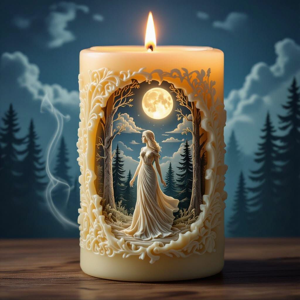 Enchanting Candle Carving of Forest Scene
