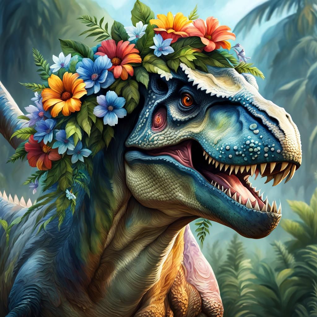 dinosaur T-Rex with wreath of flowers on head, watercolor, p...