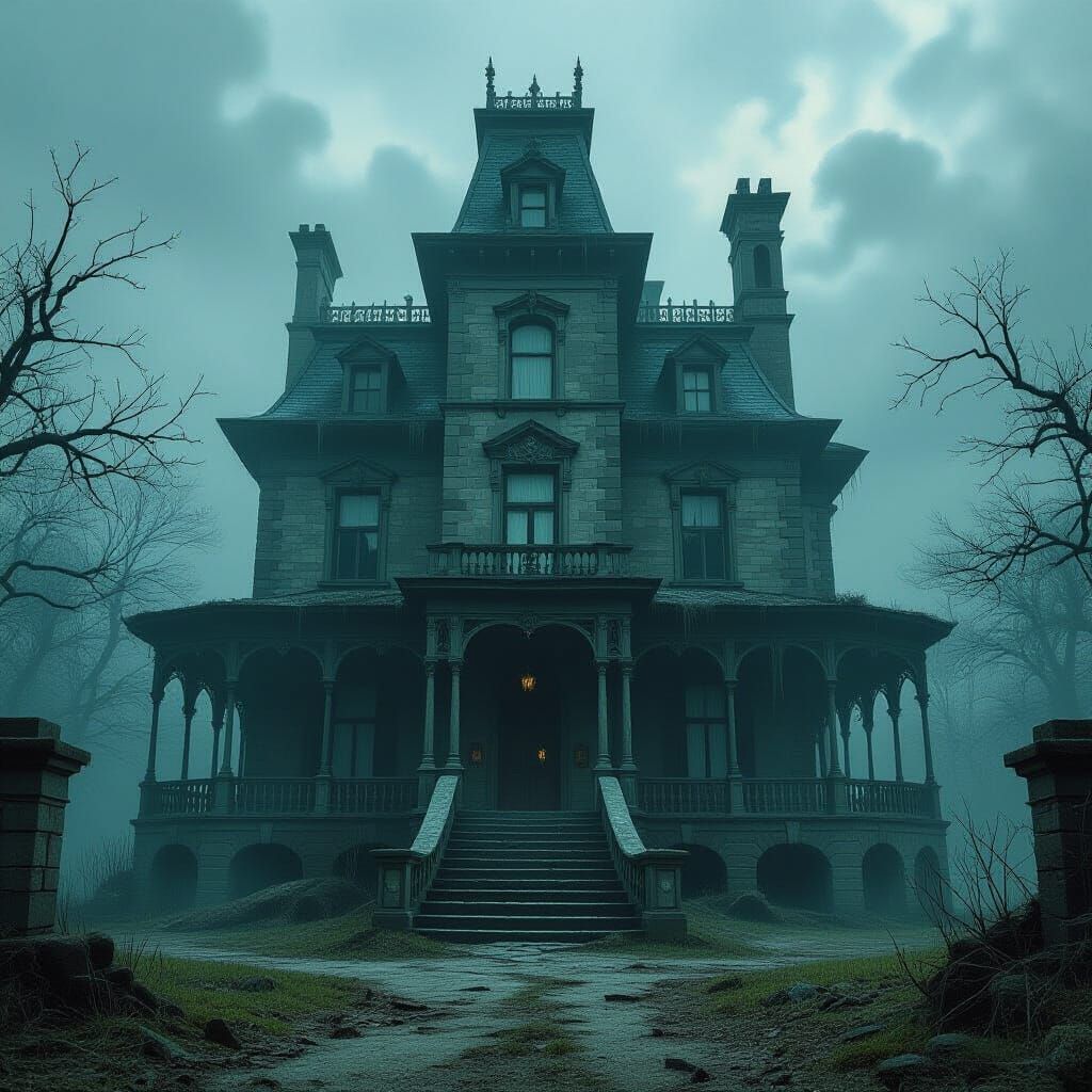 ancient mansion inhabited by creepy spirits, eldritch, horror, nightmare, bad dre am, apparition, ghosts, ghouls, goblins, sprites, trolls, ...