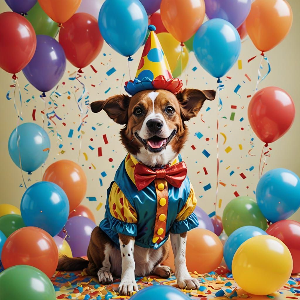 A dog dressed as a clown with balloons at a birthday party 