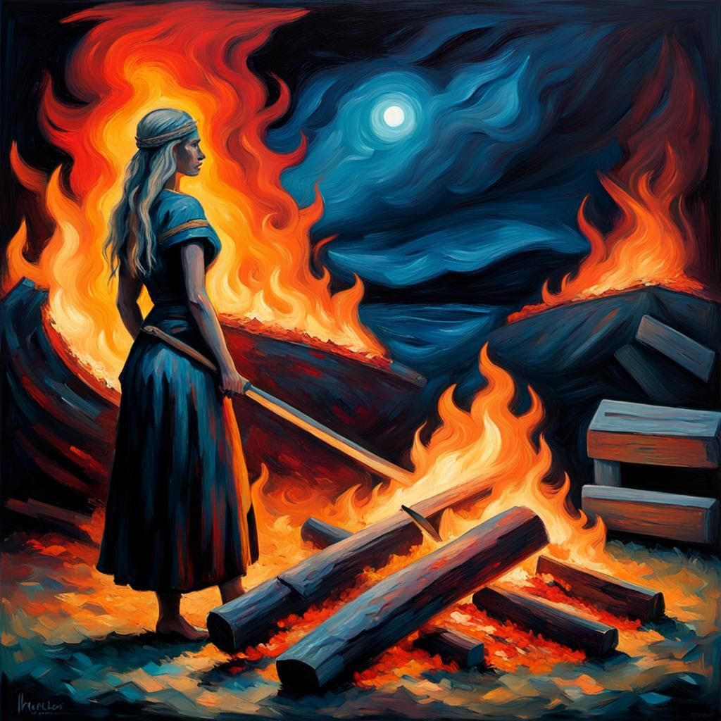 Viking warrior woman burning funeral pyre at night - AI Generated ...