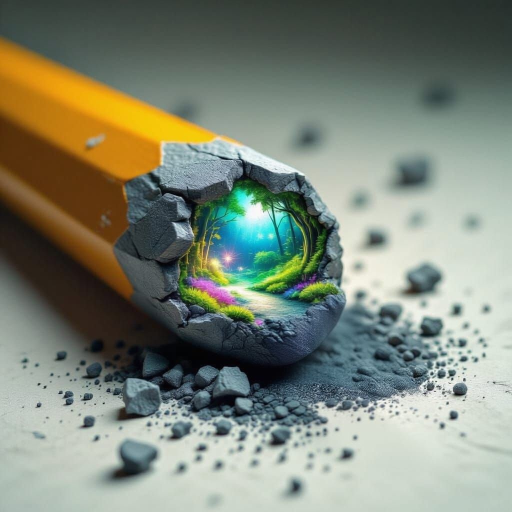 The graphite tip of a colossal pencil opens up like a portal, revealing a miniature, vibrant ecosystem within – tiny, bioluminescent flora a...