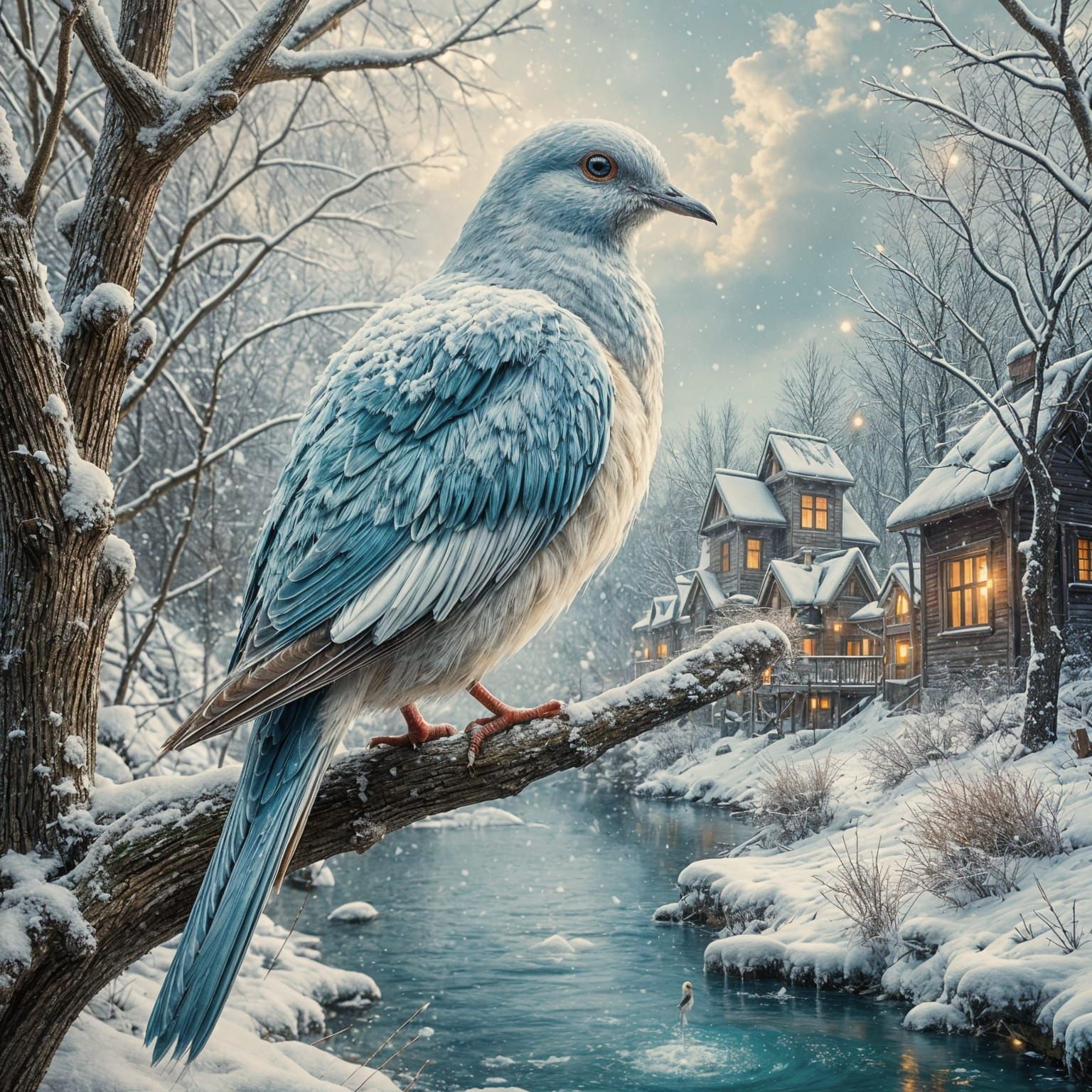 Impasto Painting of a Blue Snowbird in a Fantasy Town