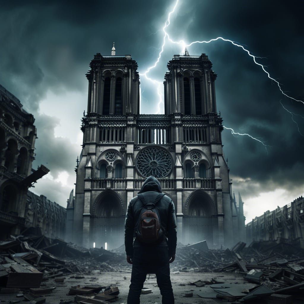 Post apocalyptic Notre Dame Cathedral.   by @Retro Art Factory