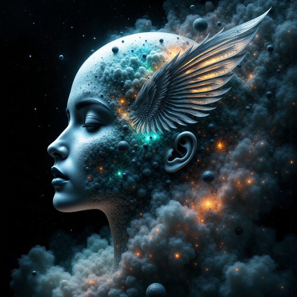 Surreal Lips Encased in Iridescent Sphere in Cosmos