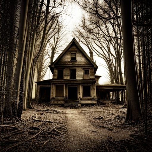 abandoned house in the woods, 1950s photograph, wide-angle l...
