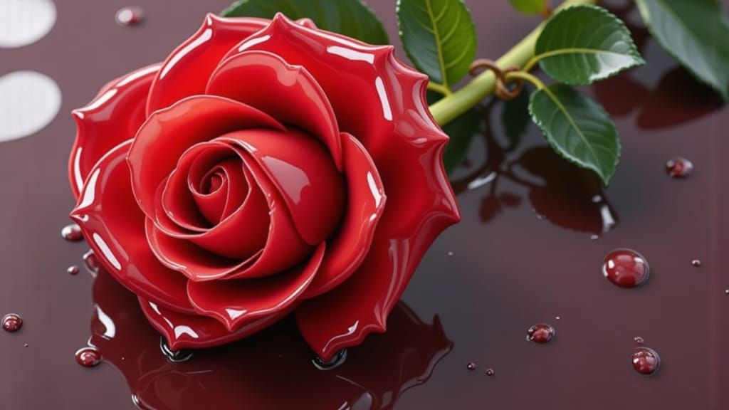 in the style of <lora:Liquid Gloss:1.2>A realistic looking long stem red rose as if its been dipped in liquid glass evenly coating the petal...