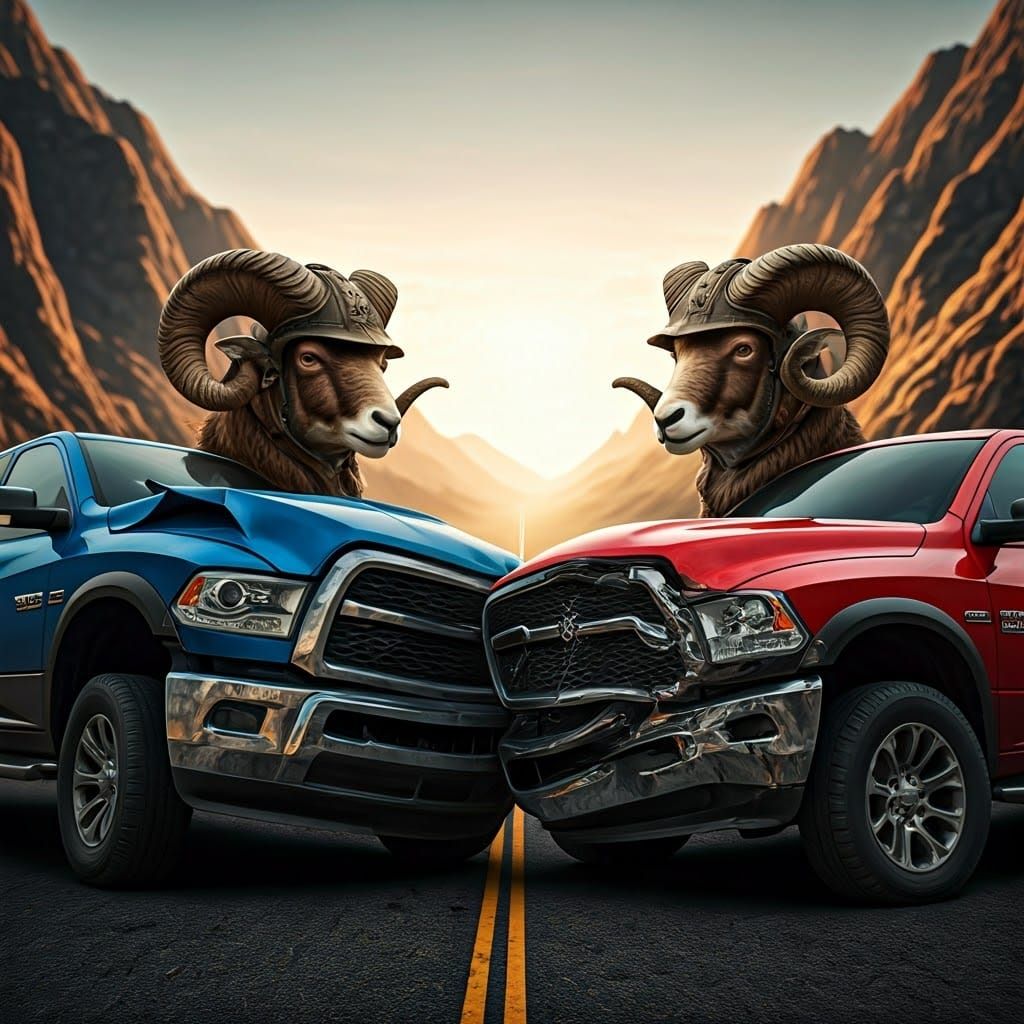 Cyberpunk Ram Trucks Collide in a Futuristic Crash
