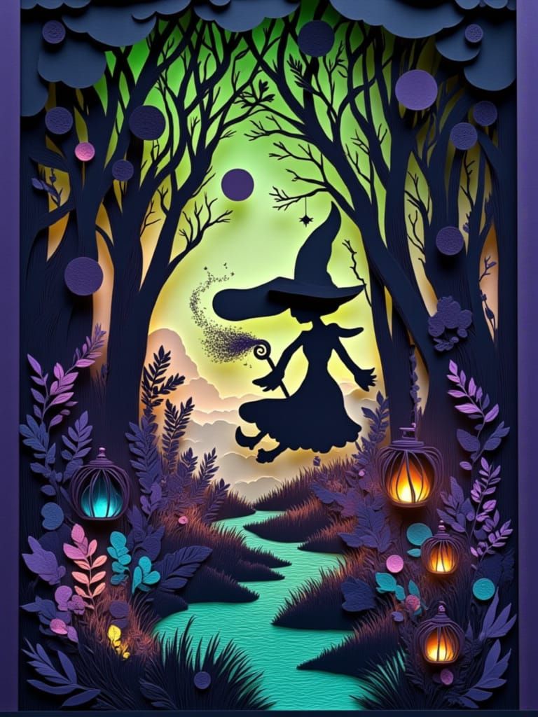 3d paper-cut shadowbox diorama of witch brewing potion <lora:3-depressional:1.5> green and magenta cool colors deep color maximalism folk ar...