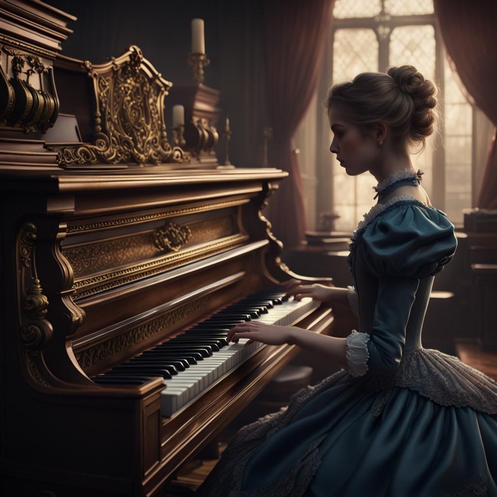 A Girl In A Victorian Dress Playing A Victorian Piano Detailed Matte   ARqR4COE9lNTY8zlGl4e  1  R10yt 