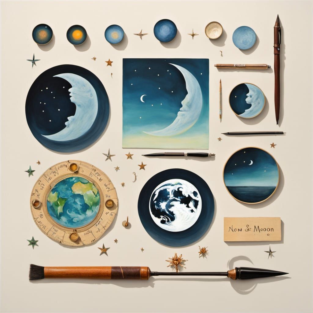 Vibrant new moon, knolling and organization, impressionist, calligraphy, Rene Magritte