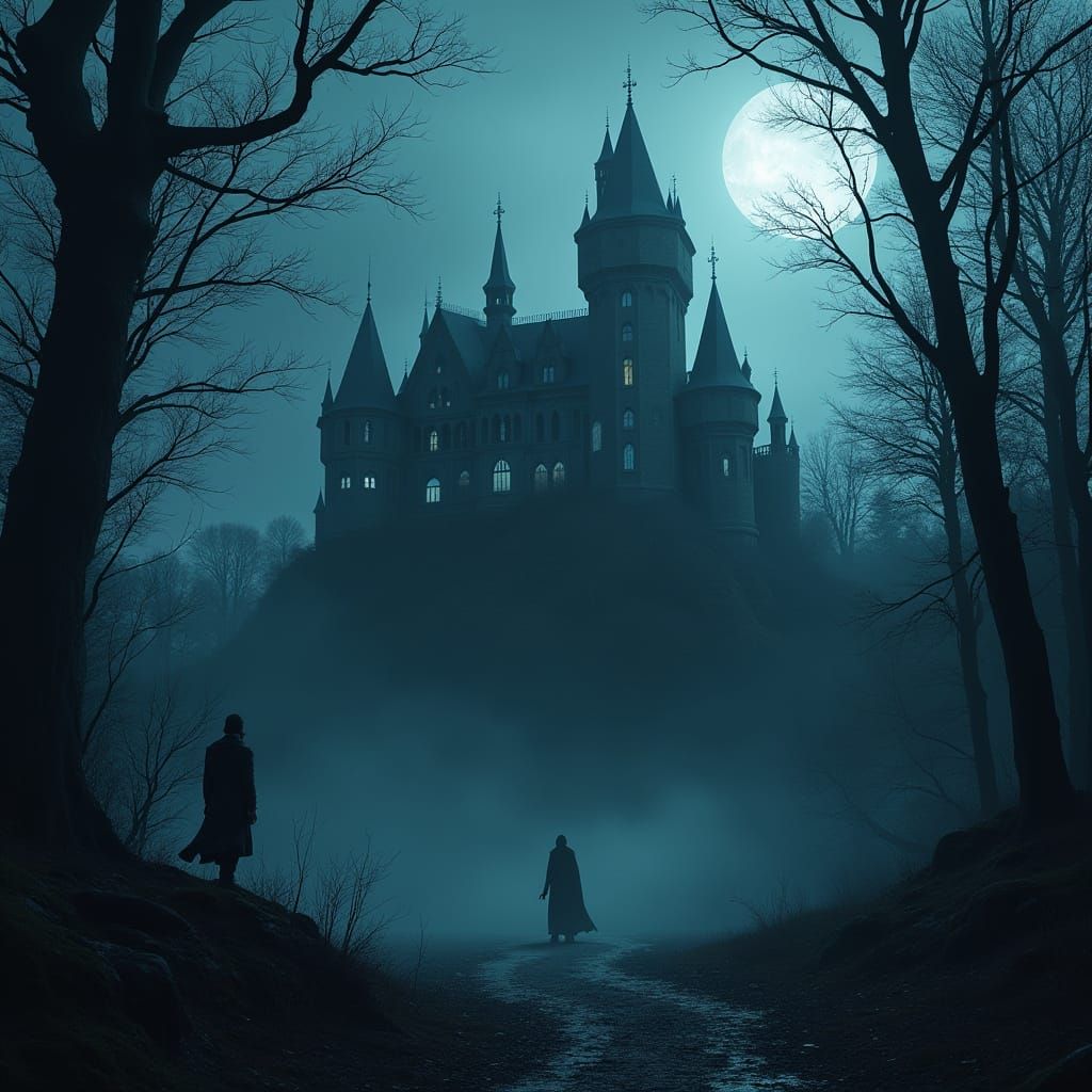 Eerie Haunted Castle in Dark Forest, Digital Matte Painting