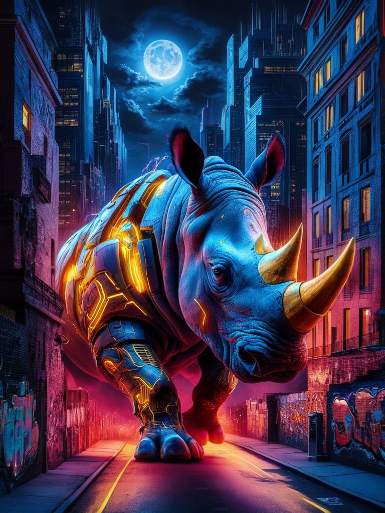 Cyber-Rhino Urban Mural in Vibrant Nighttime Setting
